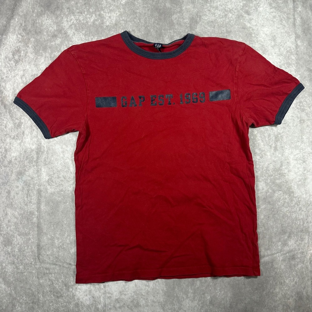 Gap Est 1969 Ringer T-Shirt Womens M Red Navy Blue Graphic Tee Short Sleeve Y2K